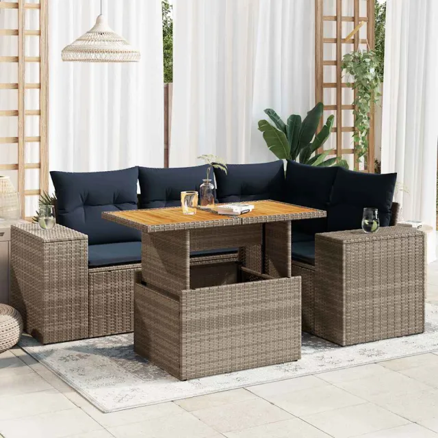 vidaXL 5-delige Loungeset met kussens poly rattan grijs, foto 2