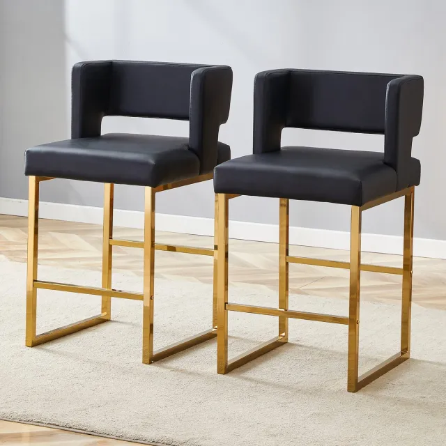 Welltin Eetkamerstoelen - Set Van 2 - Gestoffeerde eetkamerstoel - Eettafelstoel - Eetkamerstoelen - Stoel - PU - Metalen stoelpoten - Vierkant ontwerp - Modern Design - Zwart, goud