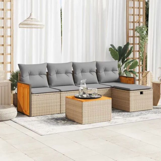 vidaXL 6-delige Loungeset met kussens poly rattan beige