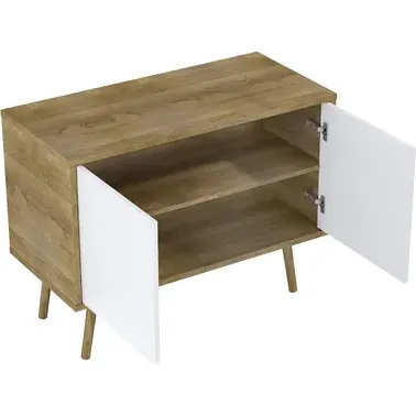 Royo Wastafelonderkast Woody 100cm - Wit/naturel Eik Glanzend - Met 2 Deuren - Met Houten Poten, foto 2