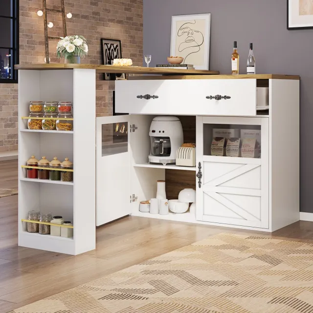 STILVORA Bartafel - Uittrekbare Bartafel Met 360° Draaifunctie En Ruime Opbergruimte - Multifunctioneel Voor Keuken En Thuisbar - MDF - 138-204x39x104 Cm - Wit