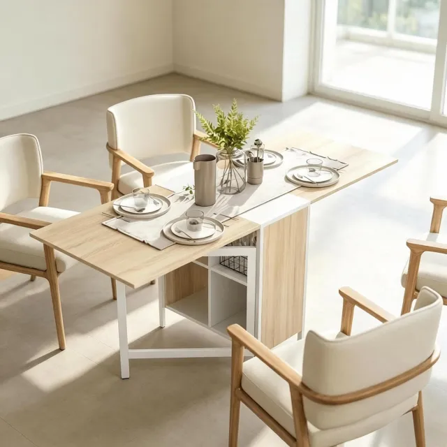 DESMIU Eettafel - Uitschuifbaar En Opklapbaar Met Opbergvakken - Voor Keuken En Woonkamer - MDF En Staal - Wit En Licht Eiken - 170x60x75 Cm