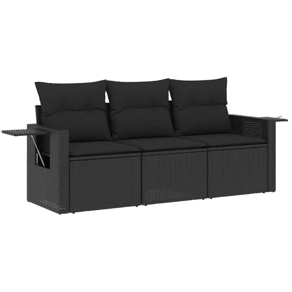 vidaXL 3-delige Loungeset met kussens poly rattan zwart, foto 3