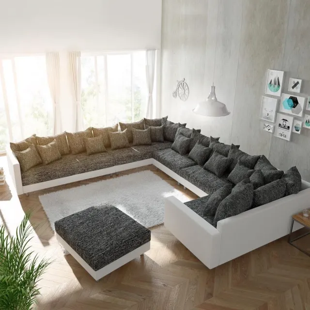 DELIFE Bank Clovis XXL wit zwart met hocker en armleuning ottomaans Links woonlandschap