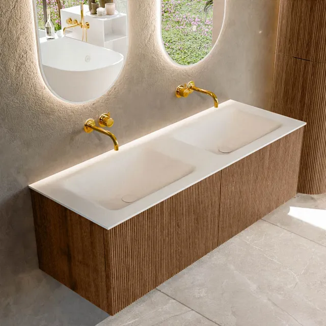 Mondiaz KURVE 130 cm Onderkast Greeploos 2 Lades Zonder Deuren Walnut, Wastafel Solid Surface Dubbel Talc 0 Kraangaten Zonder Spiegel (KRVCLO1302L0D0KD-Wal/Tal)