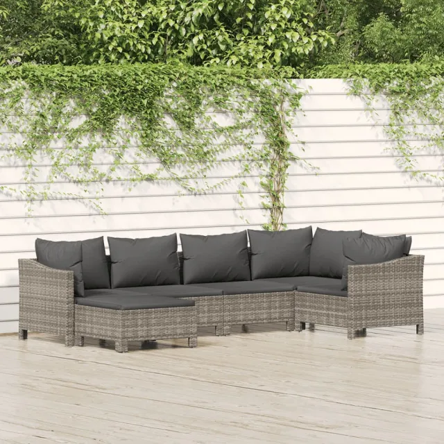 vidaXL 6-delige Loungeset met kussens poly rattan grijs, foto 2