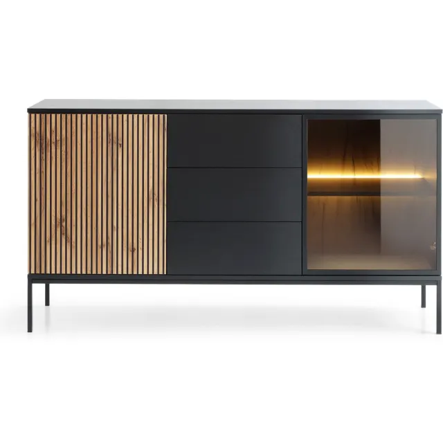Selsey Tosena - Dressoir met lades 154 cm - Zwart/Wotan eiken met verlichting Zwart, Wotan-eik