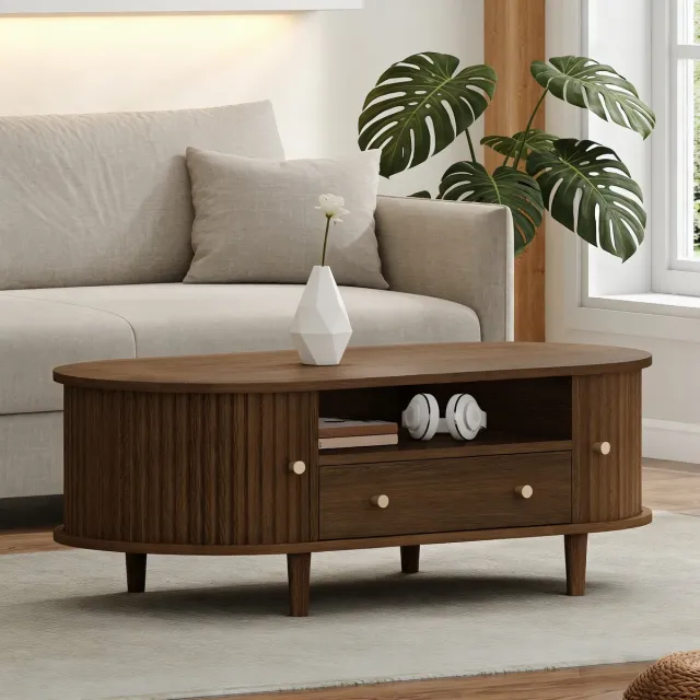 MIVRAY Salontafel - Ovaal Met Lade En Roldeur - Voor Woonkamer En Kleine Ruimtes - MDF In Walnootkleur - 100x50x36 Cm