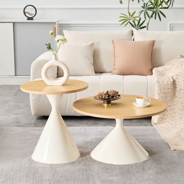 Wishdor 2er set salontafels - rond - nestbaar - modern - houtlook - metalen voet - crème - Ø70 en Ø50 cm Wood