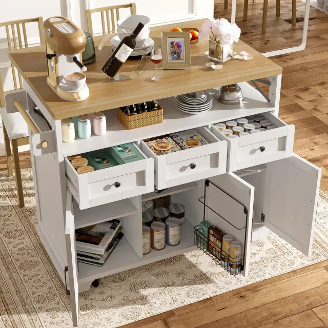 DESMIU Keukenkast - Verrijdbare Keukeninsel Met Klapblad En Opbergruimte - Voor Keuken En Eethoek - MDF En Metaal - 118x43x98 Cm - Wit