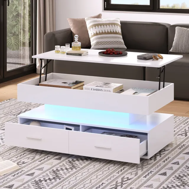 MUVANO salontafel - In hoogte verstelbare salontafel wit - Moderne salontafel - Woonkamer tafel - Met led verlichting - 100x50x44cm - Hydraulisch hefblad - Woonkamer Wit