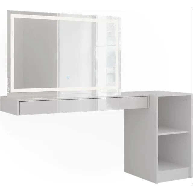 Vicco Kaptafel met licht Sherry, Wit, 160.2 cm met LED-spiegel en open rek