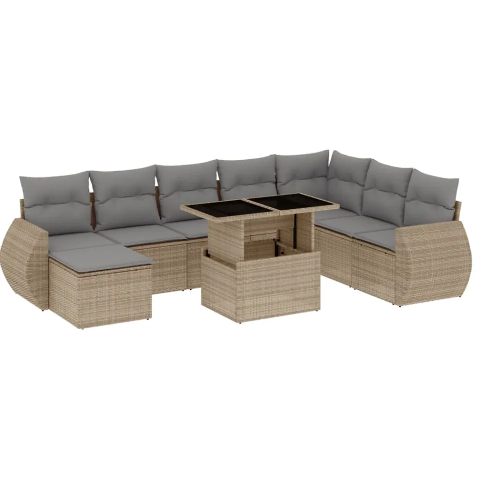 vidaXL 9-delige Loungeset met kussens poly rattan beige