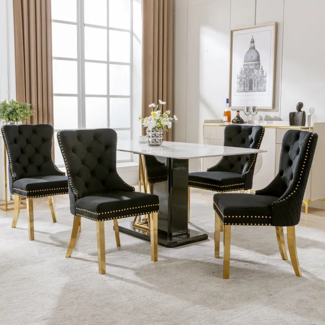 FloraGrace Eetkamerstoel – Luxe Design Met Ronde Trek Ring – Set Van 4 – Fluweel – Zwart En Goud – Voor Eetkamer Of Woonkamer