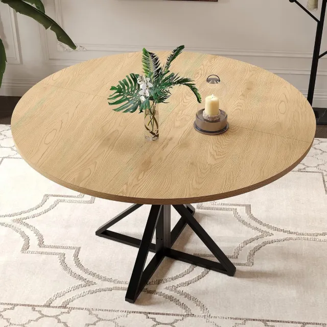 Danky Ronde Eettafel 120 cm - Eikenlook - Voor 4 tot 6 Personen - Industrieel Metalen Onderstel - Ruimtebesparend Modern Design - Keukentafel