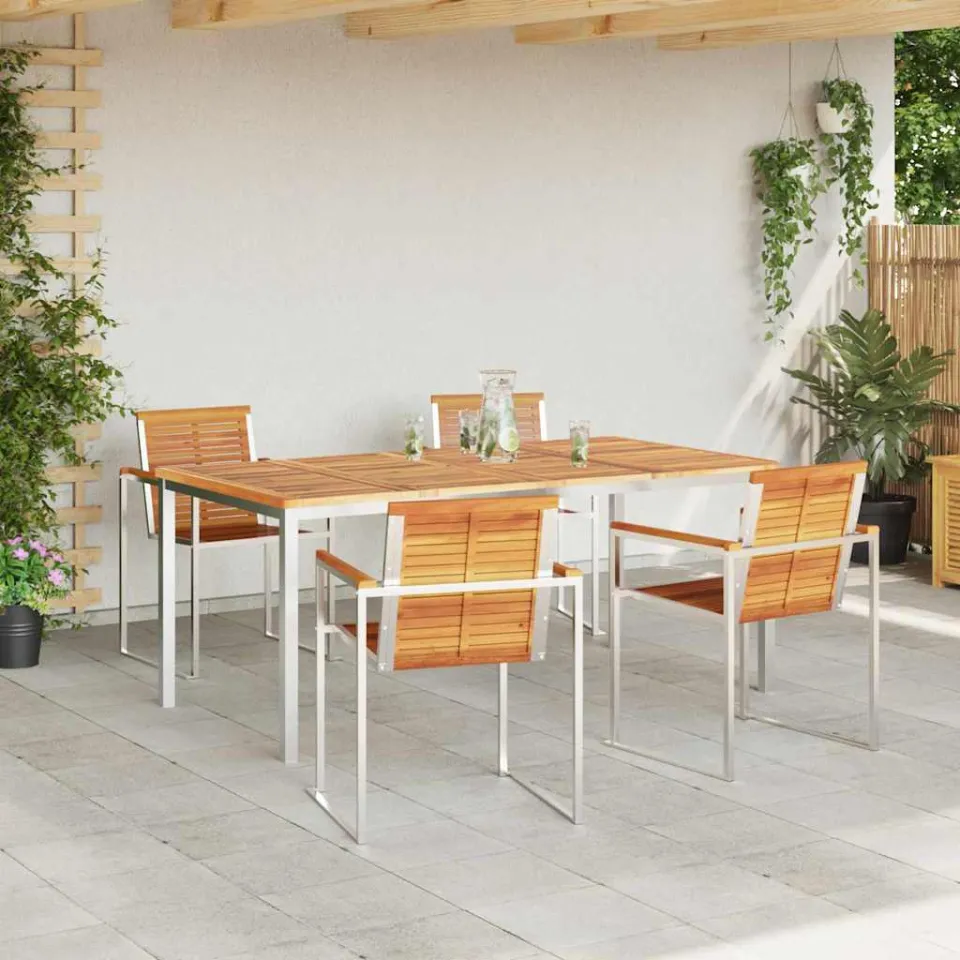 vidaXL Tuin eettafelset 5 st Massief acaciahout en roestvrij staal, foto 3