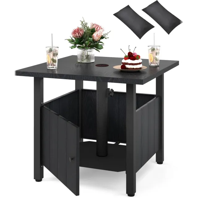 Costway Bijzettafel voor buiten, weerbestendig, metalen tuintafel met parasolgat en 2 zandzakken, kleine balkontafel, koffietafel voor tuin, balkon, terras, 55,5 x 55,5 x 48 cm Zwart