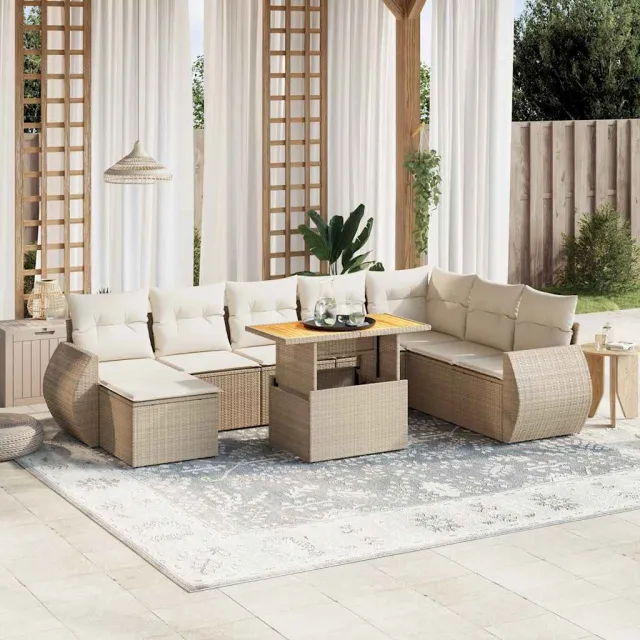 vidaXL 9-delige Loungeset met kussens poly rattan beige, foto 2
