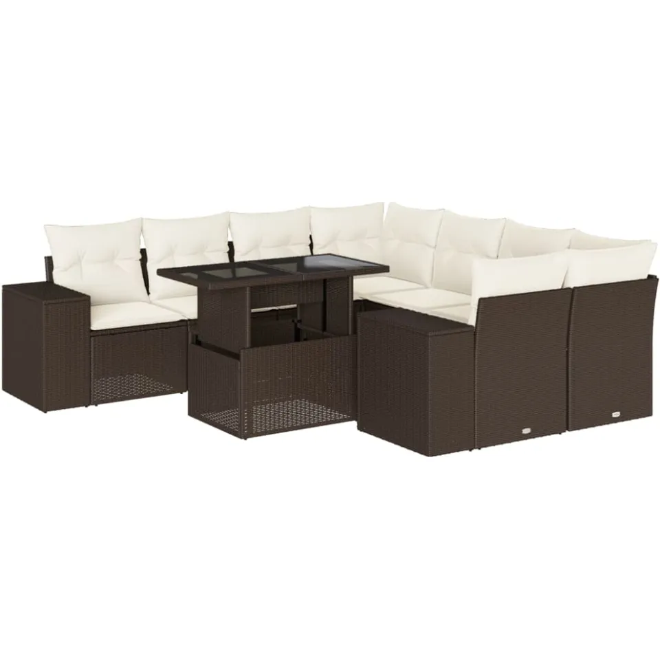 vidaXL 9-delige Loungeset met kussens poly rattan bruin, foto 3