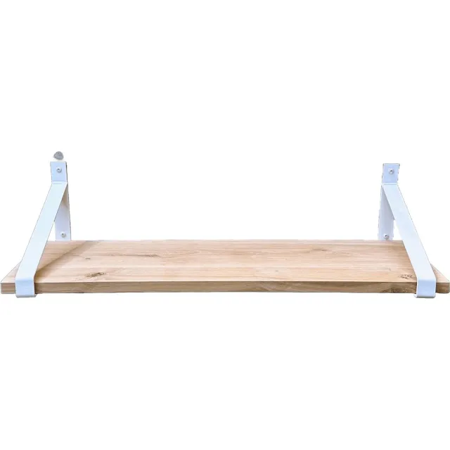GoudmetHout Wandplank Industrieel - 160 x 35 cm Muurplank - Eiken Hout - Decoratie Wandrek & Boekenrek - Hangplank Keuken - Wall Shelf + 2 Mat Witte Plankdragers van Staal Licht eiken, Mat wit