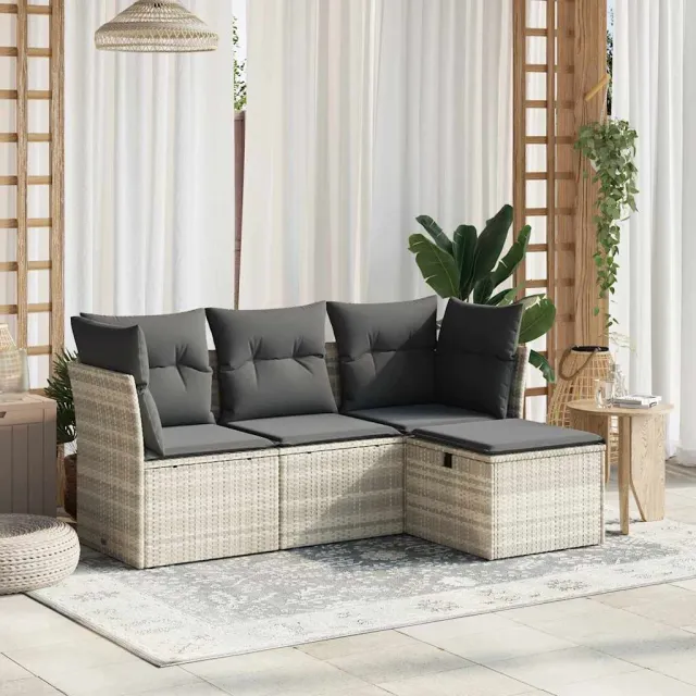 vidaXL 4-delige Loungeset met kussens poly rattan lichtgrijs grijs, foto 2