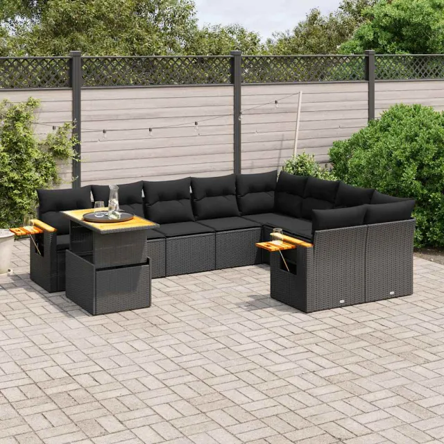 vidaXL 10-delige Loungeset met kussens poly rattan zwart, foto 2