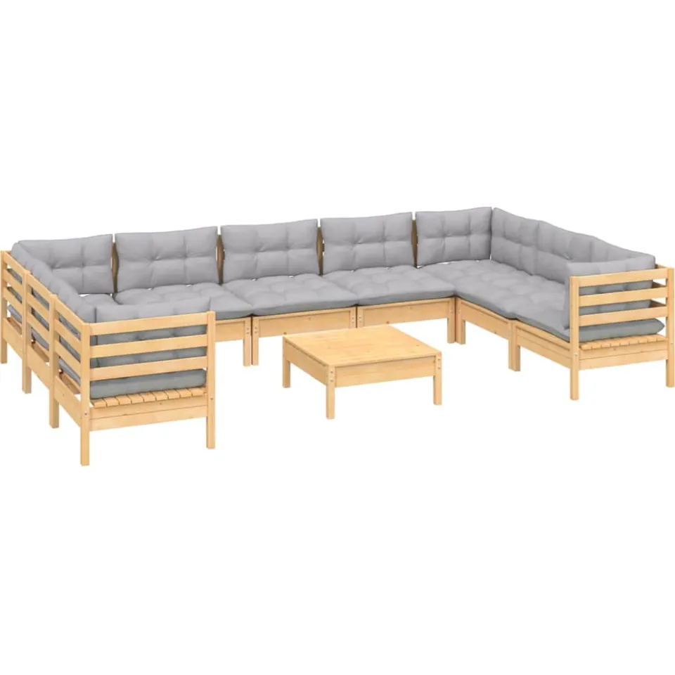 vidaXL 10-delige Loungeset met grijze kussens grenenhout Grijs