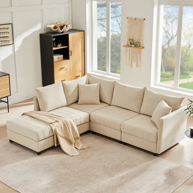 DESMIU Hoekbank 220 X 194 X 85 Cm - Modulaire 5-Zits Met Verplaatsbare Voetenbank - Voor Woonkamer En Lounge - Katoen Linnen Beige