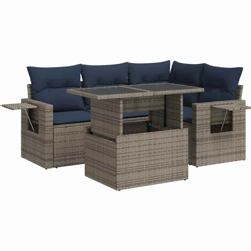 vidaXL 5-delige Loungeset met kussens poly rattan acacia grijs, foto 3
