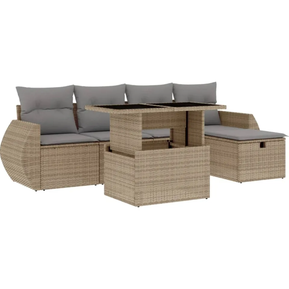 vidaXL 6-delige Loungeset met kussens poly rattan beige, foto 3