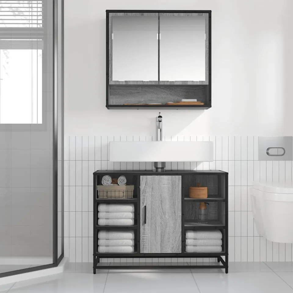 vidaXL Wastafelkast 80x33x60 cm bewerkt hout grijs sonoma eikenkleurig, foto 2