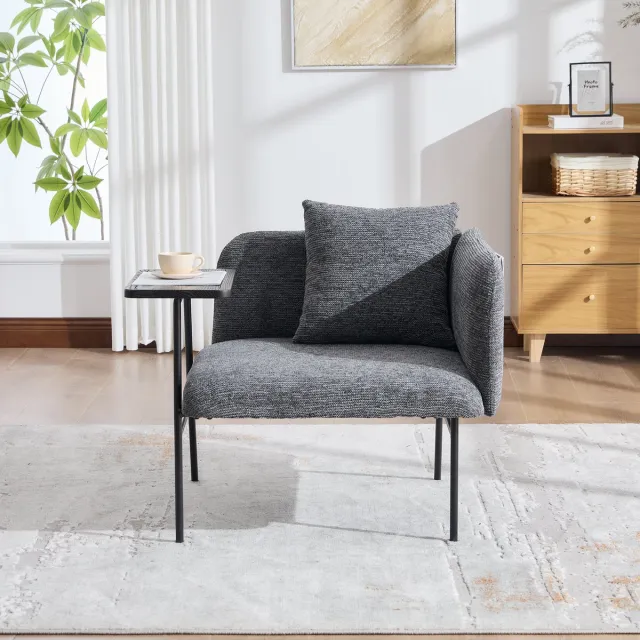 Wishdor Fauteuil met bijzettafel en opbergtassen - Chenille stof - metalen frame - donkergrijs - 86 x 72 x 71 cm