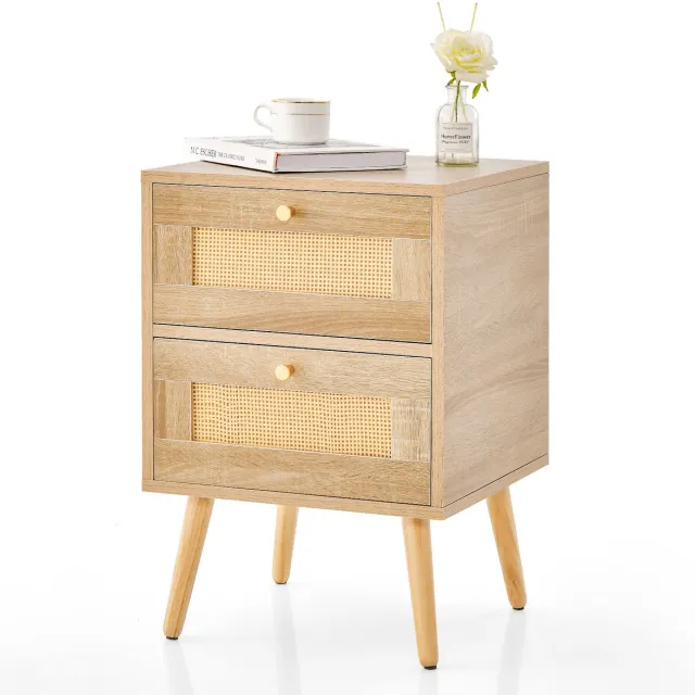 Costway Nachtkastje van rotan, nachtkastje met 2 laden en massief houten poten, bijzettafel, nachtkastje in boho-stijl, banktafel voor slaapkamer, woonkamer, 40 x 40 x 59 cm, eiken Naturel