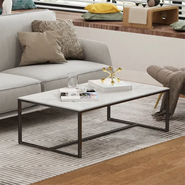 Venzor Gesinterde Stenen Salontafel – 100×60×43 cm – Rechthoekig – Modern Minimalistisch – Wit met Zwart Metalen Frame – Luxe Woonkamer Tafel