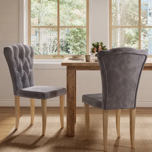 MEXUS Set van 2 Eetkamerstoelen, gestoffeerde stoelen voor keuken/woonkamer, zonder armleuningen, gecapitonneerde rugleuning, accentstoelen met houten poten (flanel Grijs)