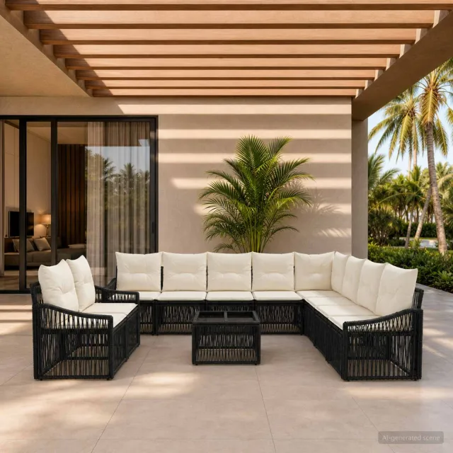 vidaXL Tuinbankenset 11 st 10-zits Zwart poly rattan, foto 2
