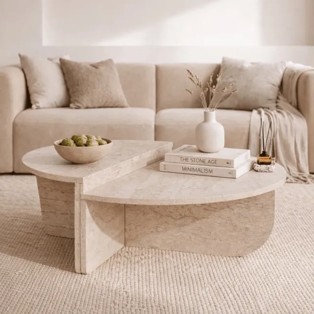 Dimehouse Ronde salontafel travertin melamine Orin 90 cm - 90 x 90 x 35 cm - Hout - Japandi - Rond Travertinlook