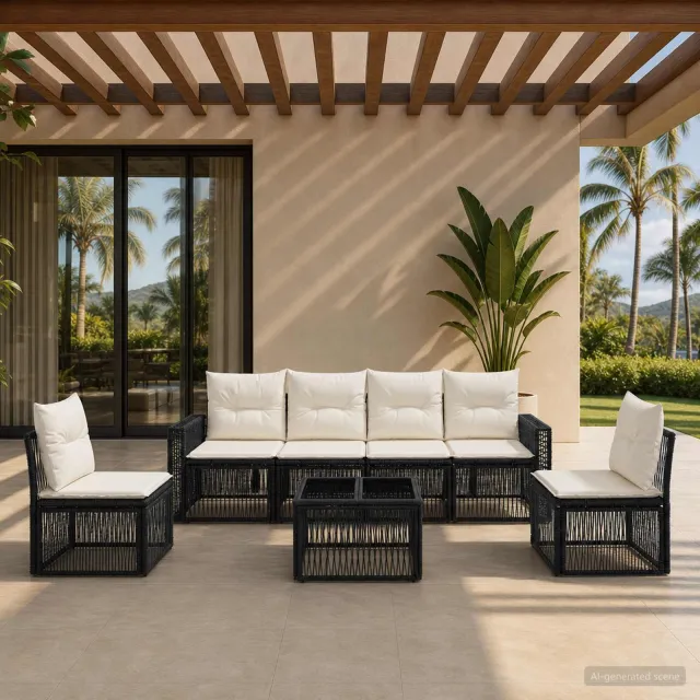 vidaXL Tuinbankenset 7 st 6-zits Zwart en Cream Wit poly rattan, foto 2