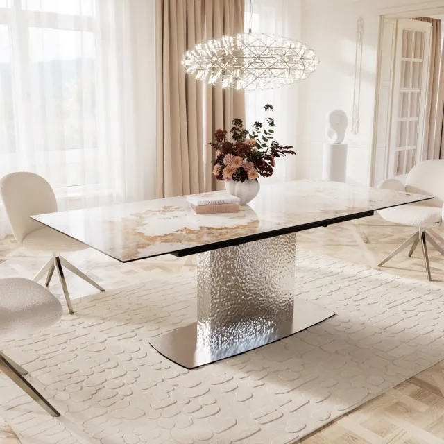 DELIFE Eetkamertafel Edge keramiek Minas Melange wit-beige 180-220x100 Wave RVS uitschuifbaar Weiß-Beige