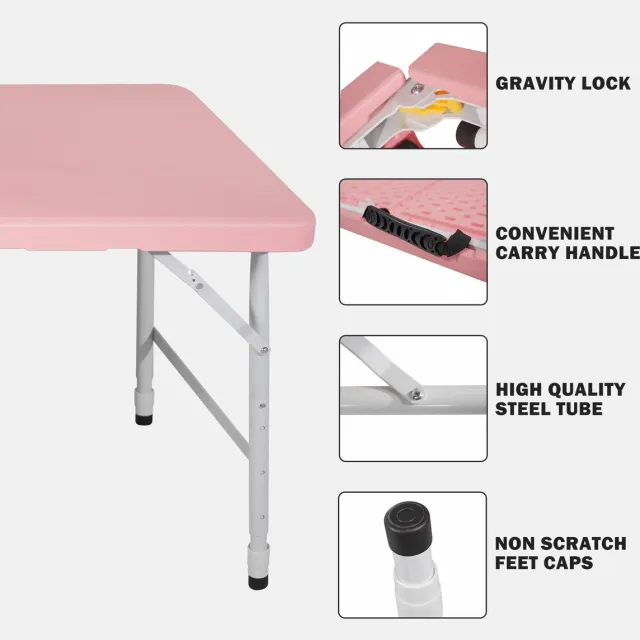 MIVRAY Picknicktafel - Opvouwbare Tuintafel Met Verstelbare Hoogte En Draaggreep - Voor Binnen En Buiten - Kunststof En Metaal - 125x61 Cm - Roze