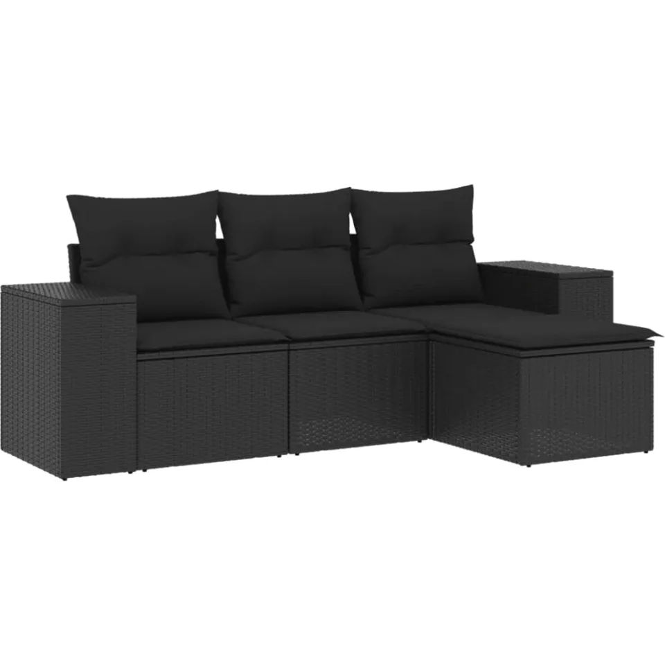 vidaXL 4-delige Loungeset met kussens poly rattan zwart, foto 3