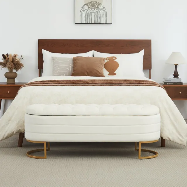 MUVANO Opbergbank - bedbank met opbergruimte - beige fluwelen opbergbank - Chesterfieldstijl - 120 x 40 x 45 cm - slaapkamer en woonkamer