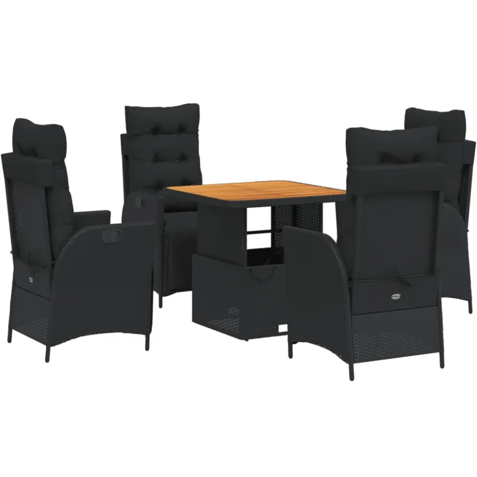 vidaXL 5-delige Tuinset met kussens poly rattan zwart