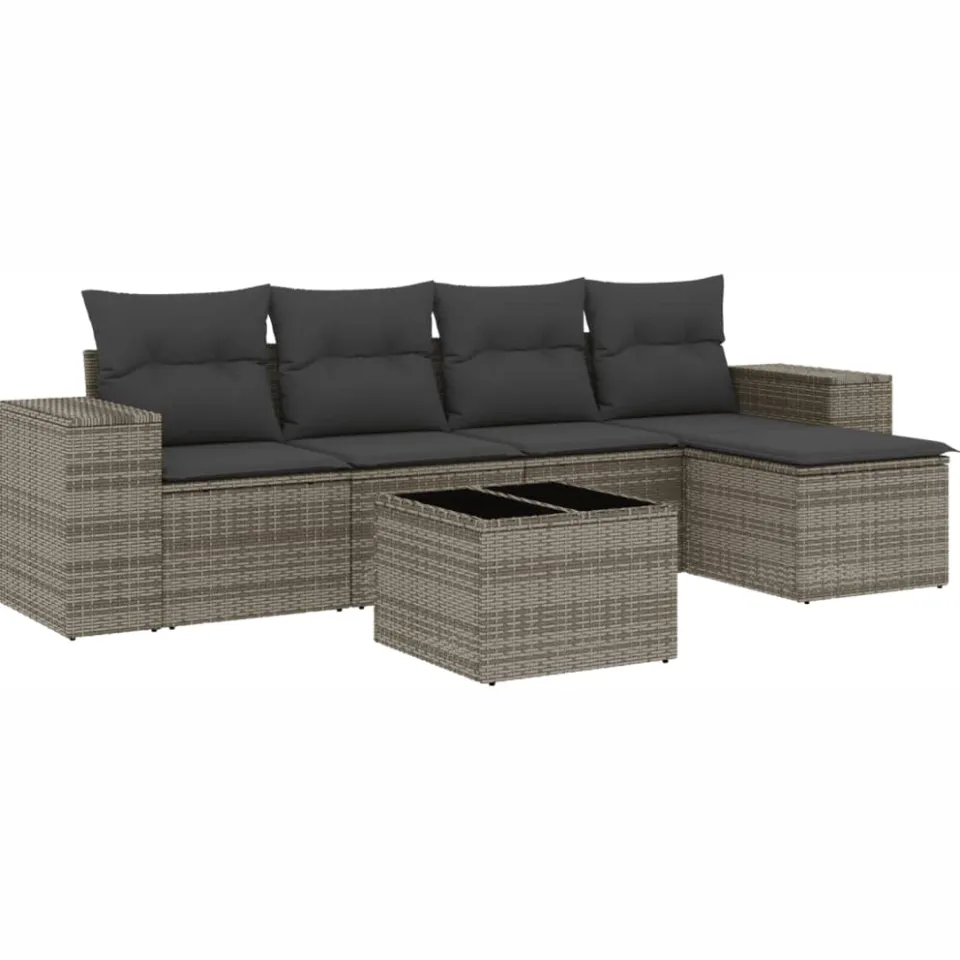 vidaXL 6-delige Loungeset met kussens poly rattan grijs, foto 3