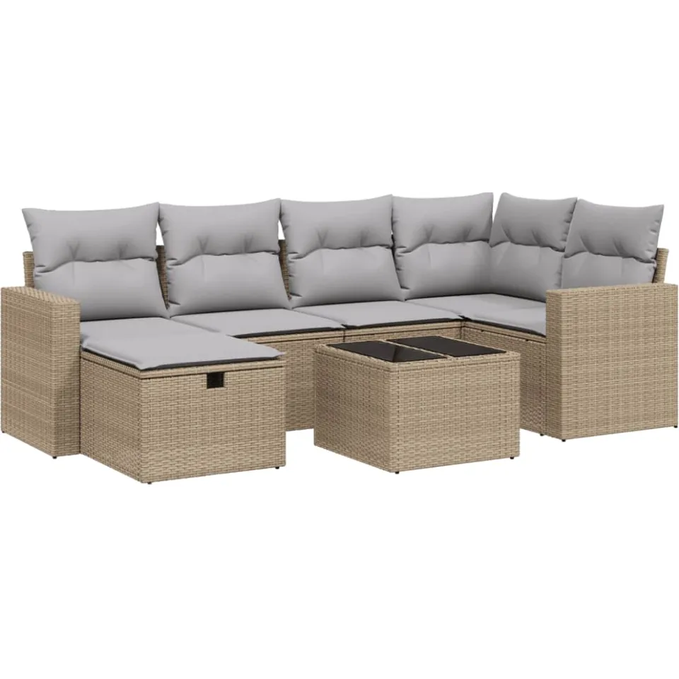 vidaXL 7-delige Loungeset met kussens poly rattan gemengd beige
