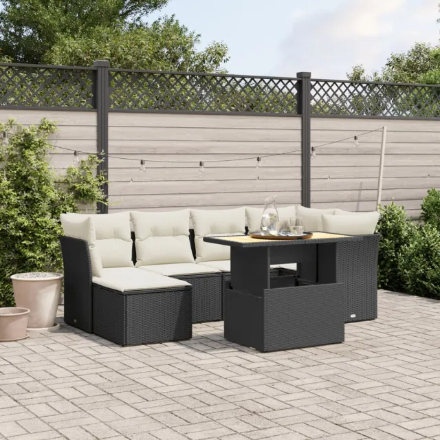 vidaXL 7-delige Loungeset met kussens poly rattan zwart, foto 2
