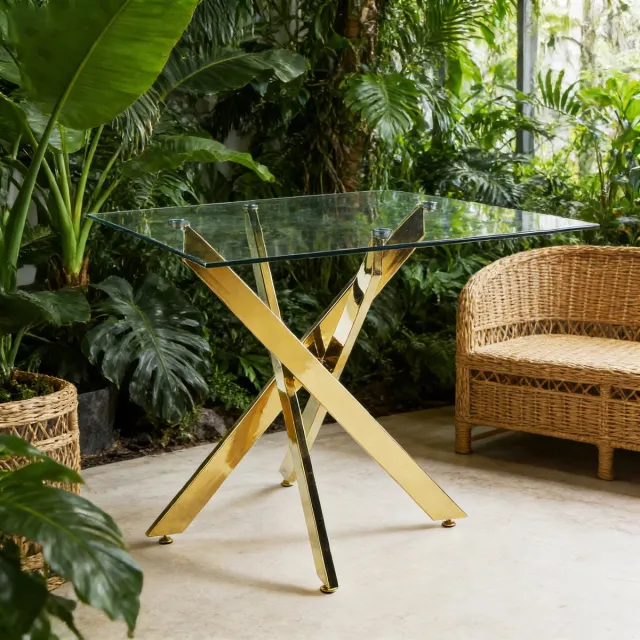 DESMIU Eettafel Met Glazen Blad En Kruisvormig Metalen Onderstel Voor Woonkamer En Keuken Modern Ruimtebesparend Goud 80x80x75 Cm Gouden