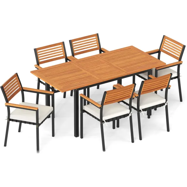 Costway Tuinset, 130/170 x 80 cm uitschuifbare tuintafel met parasolgat, 6 stapelbare tuinstoelen met kussens, zitgroep voor 6 personen, terrasmeubelen, tuinmeubilair, zitmeubilair, eethoek. Zwart + Natuur