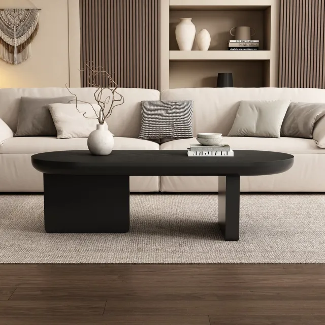 MEUNIQ Ovale salontafel 119,7 x 49,8 x 35,5 cm met MDF blad, twee vierkante poten en viltglijders voor woonkamer, matzwart