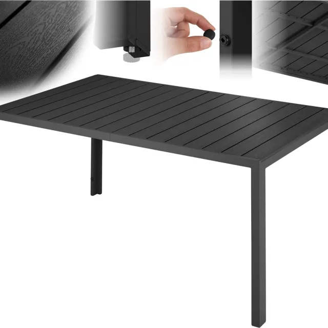 Tectake Tuintafel 150 x 90 x 74,5 cm – Rechthoekige Tuin Eettafel voor 6 Personen – Aluminium Frame met Kunststof Tafelblad in Houtlook – Verstelbare Poten – Zwart
